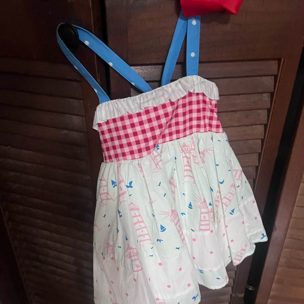 SweetHoney Pink and White Gingham Dress with Blue Straps